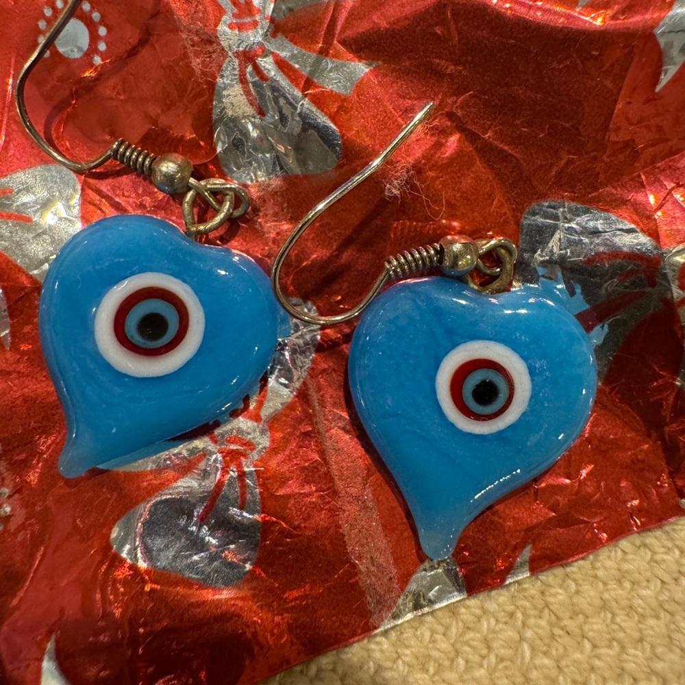 NWOT Blue Glass Heart Evil Eye Earrings. From Türkiye